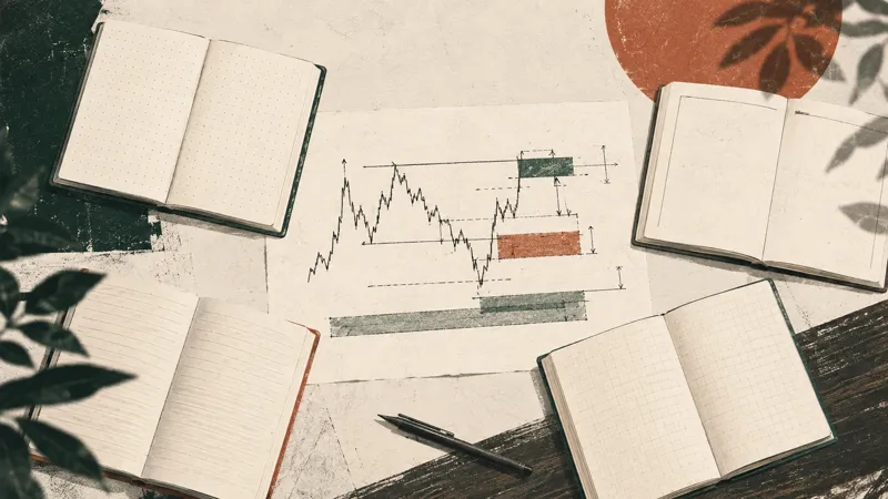 Editorial illustration of several journal formats around one market-structure map