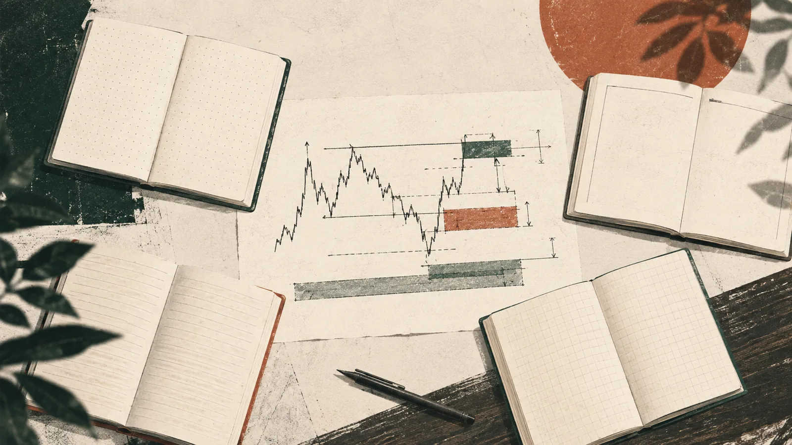 Editorial illustration of several journal formats around one market-structure map
