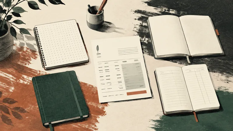 Editorial illustration of four journal tools arranged around a compact broker statement