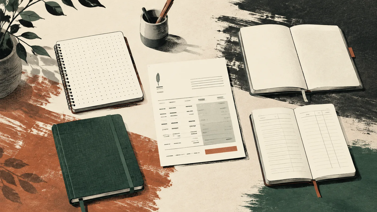 Editorial illustration of four journal tools arranged around a compact broker statement