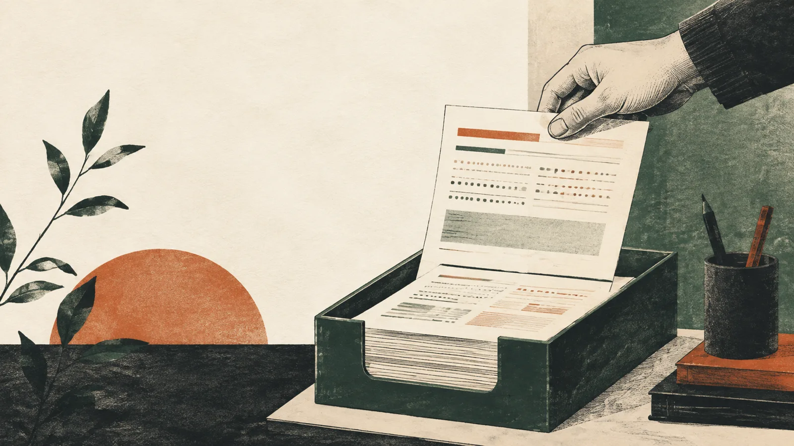 Editorial illustration of account statement pages moving into an archival tray