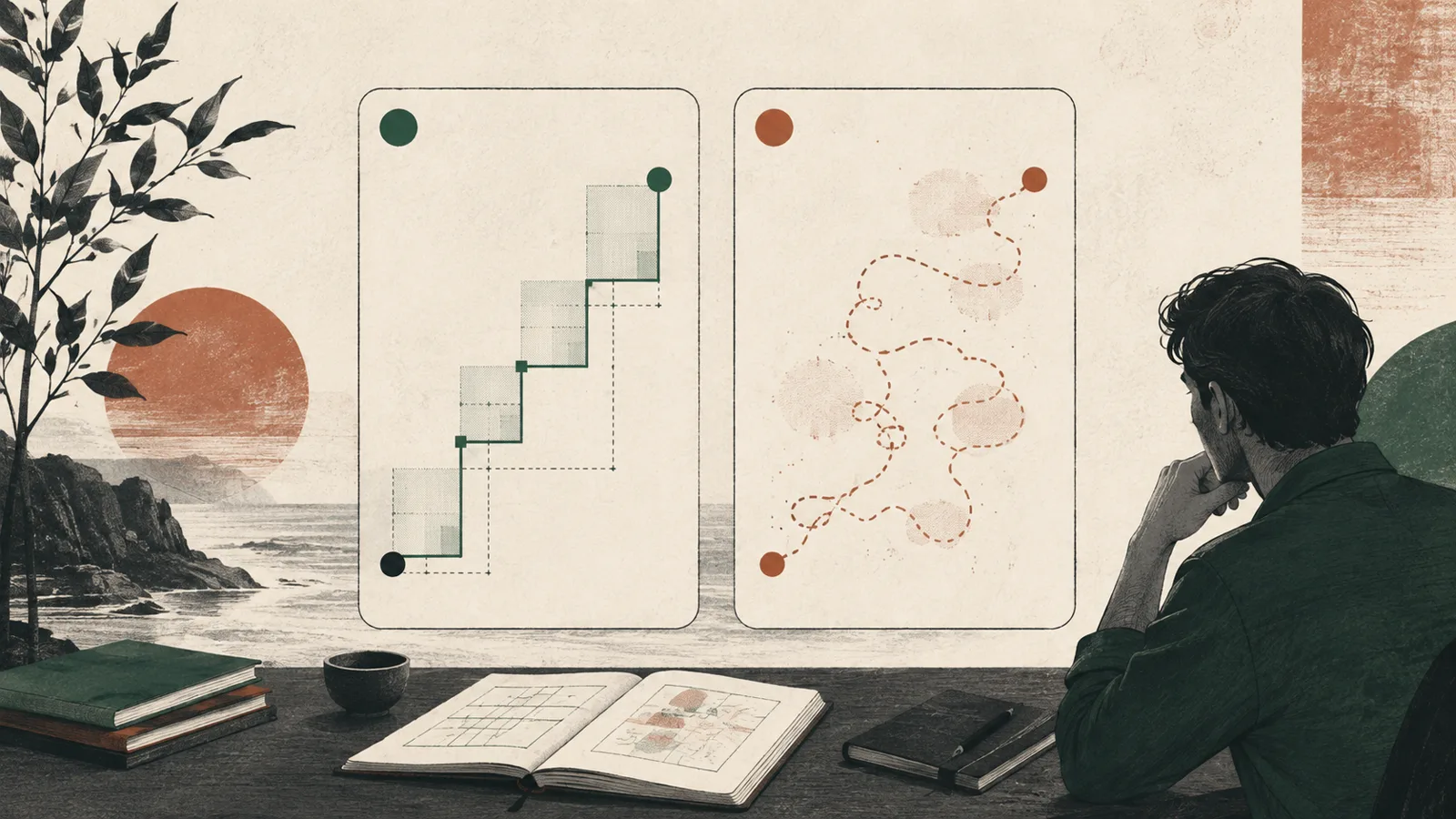 Editorial illustration of two balanced cards representing clean process and lucky outcome