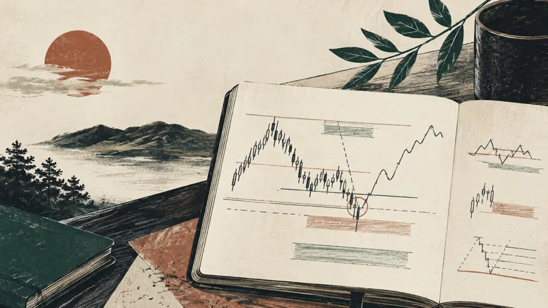Editorial illustration of a field notebook with swing, gap, and retracement layers