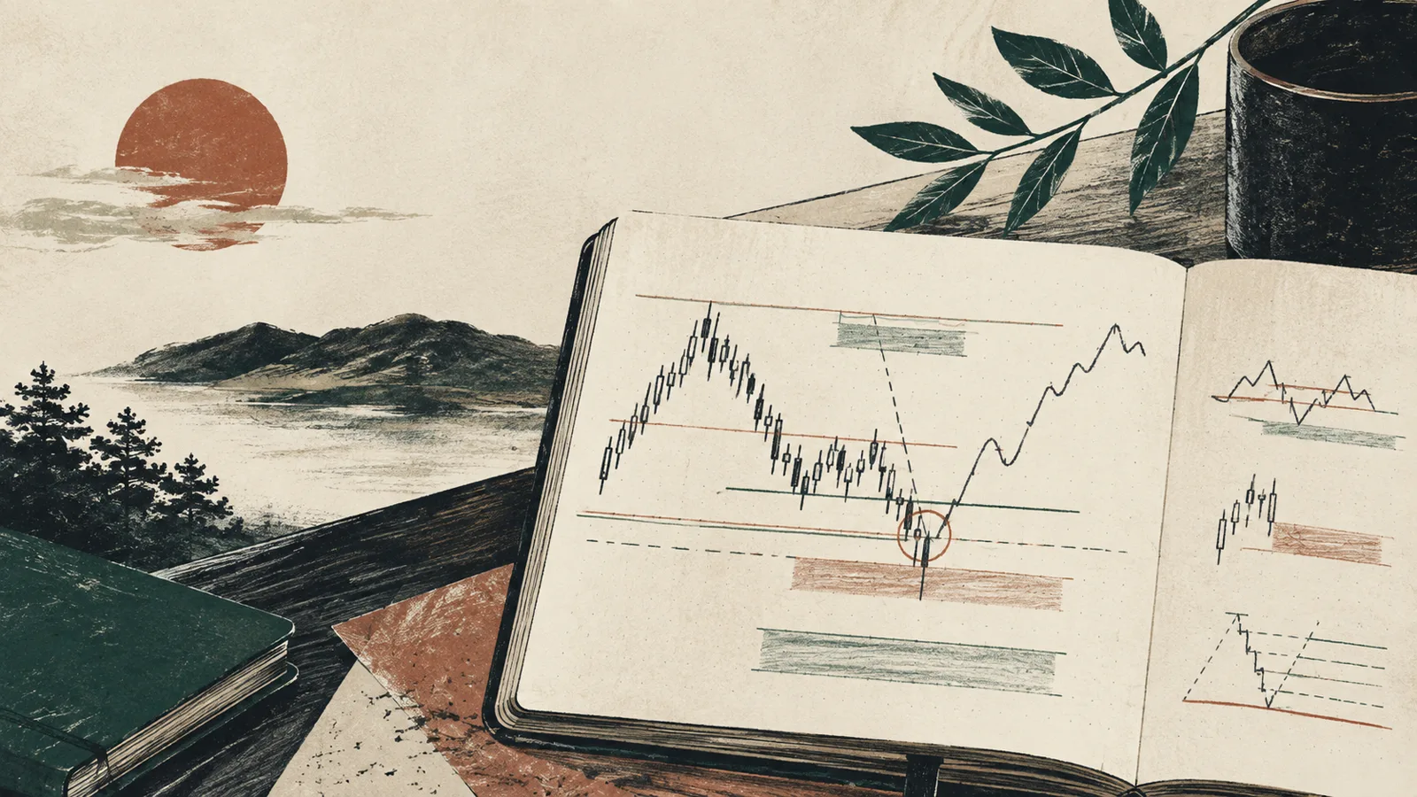 Editorial illustration of a field notebook with swing, gap, and retracement layers