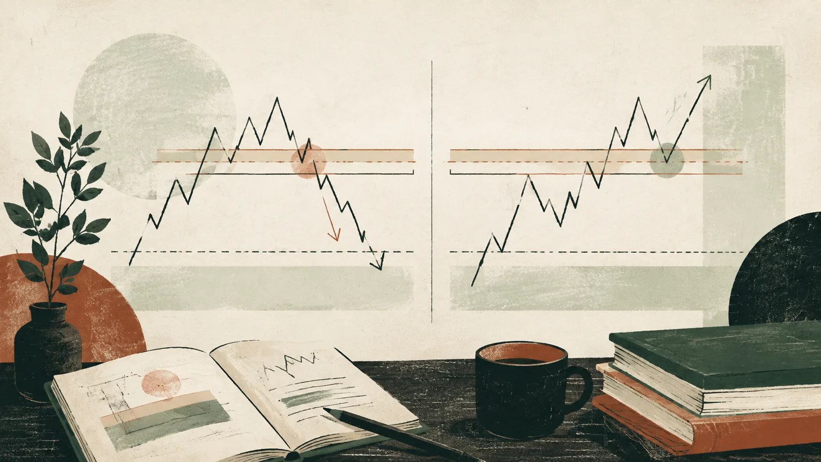 Editorial illustration of one chart returning through a prior level and another accepting beyond it