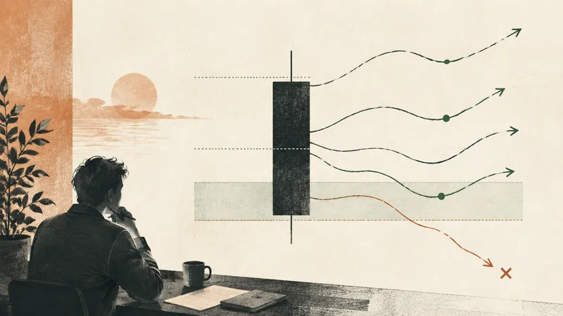 Editorial illustration of a candle-shaped block tested by several returning price paths