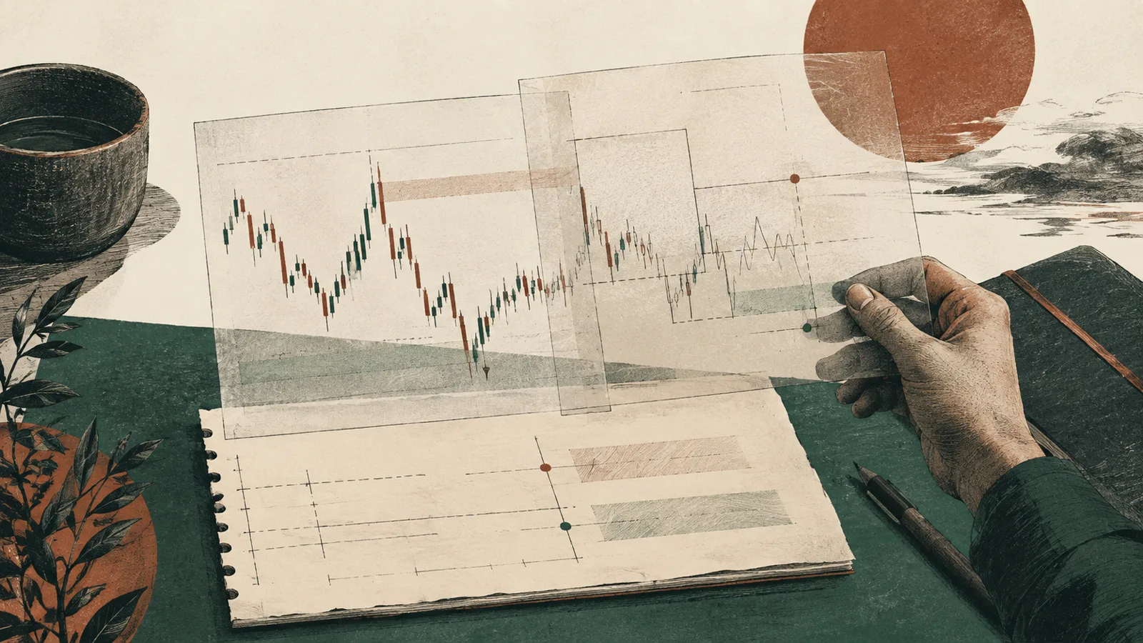 Editorial illustration of chart sheets aligned over a paper trade ticket
