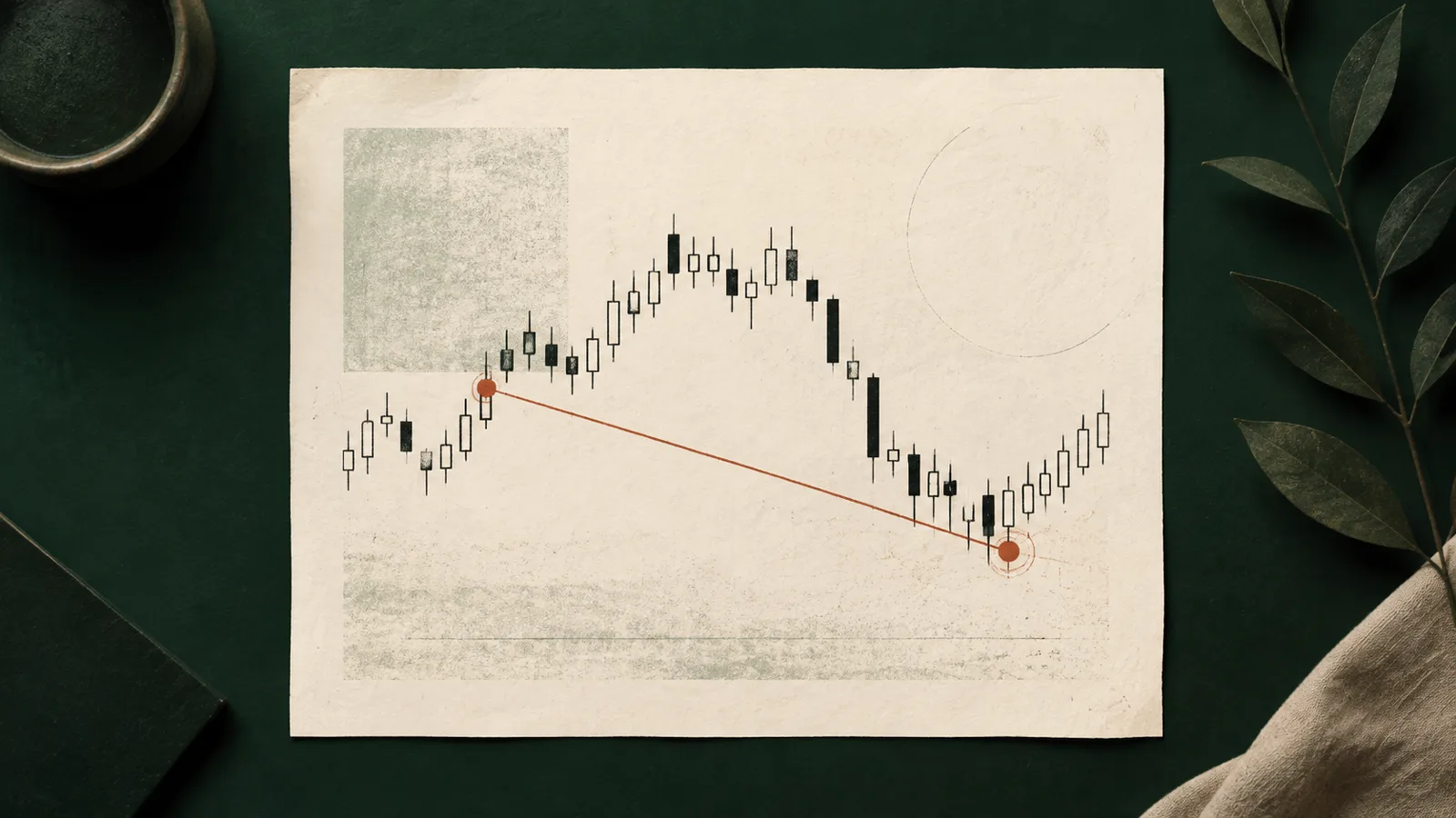 Editorial illustration of a paper trading journal with a restrained chart and entry-to-exit line