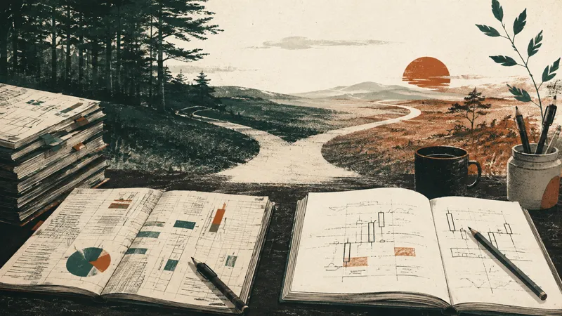 Editorial illustration of a dense analytics ledger beside a focused market-structure notebook