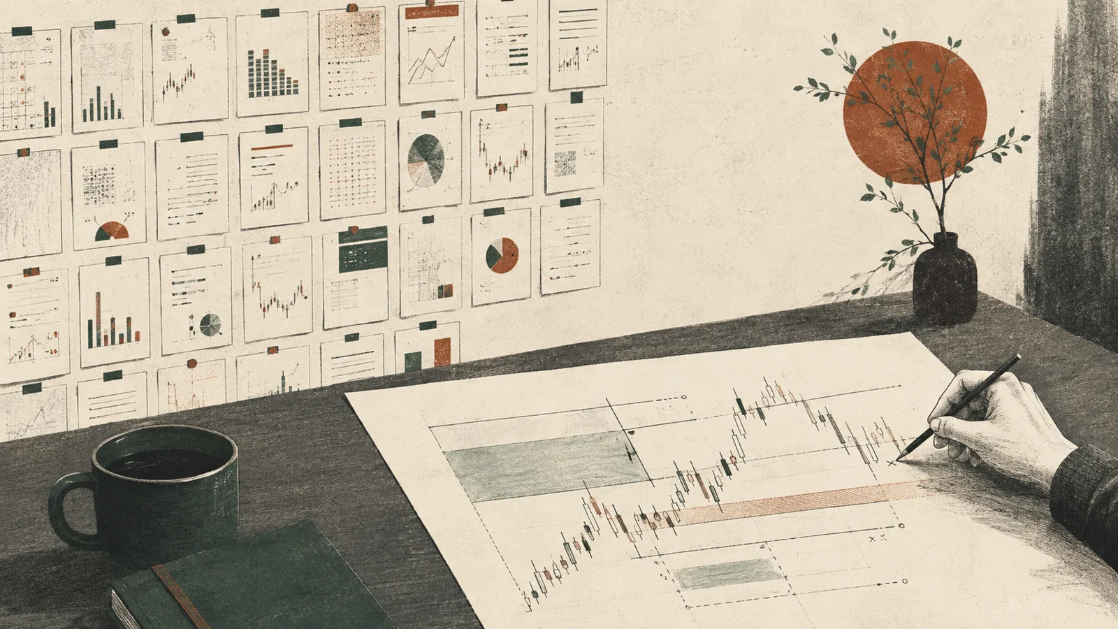 Editorial illustration of dense statistic cards beside one spacious chart-review sheet