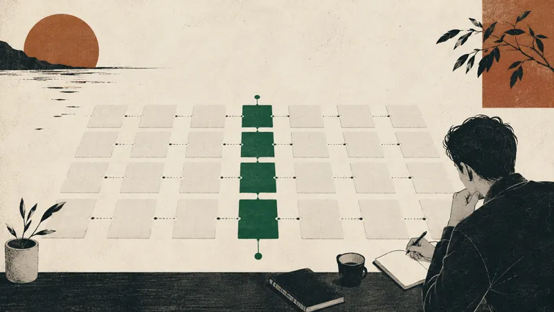 Editorial illustration of a broad feature table beside a narrow Robinhood-focused review path