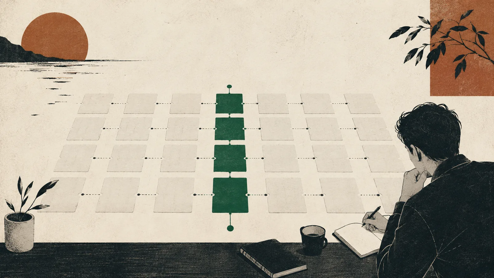 Editorial illustration of a broad feature table beside a narrow Robinhood-focused review path